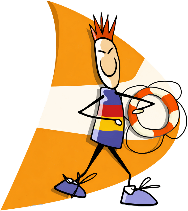 Mascotte di Handarpermare: omino con salvagente e vela di sfondo